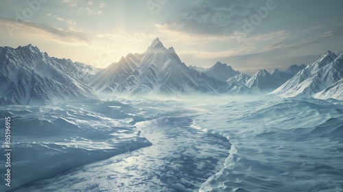 Discover the ethereal beauty of frozen landscapes, where mountains rise like monuments to time and rivers flow with gentle persistence. Marvel at the intricate details of this 8K masterpiece, 