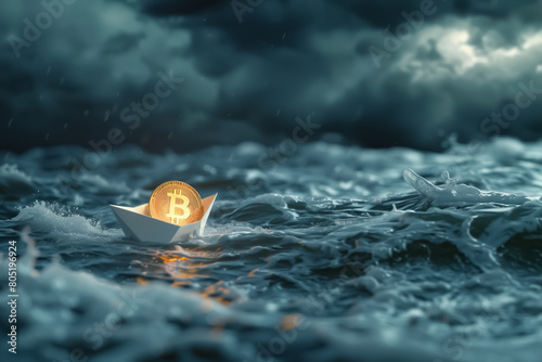 Depicting a stormy sea with a paper boat carrying a Bitcoin cryptocurrency navigating through high waves, symbolizing the unpredictable and risky nature of Bitcoin investments