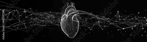 Striking panoramic digital art piece depicting a human heart in a detailed wireframe style, seamlessly integrated within an intricate network of lines and dots. #805197148