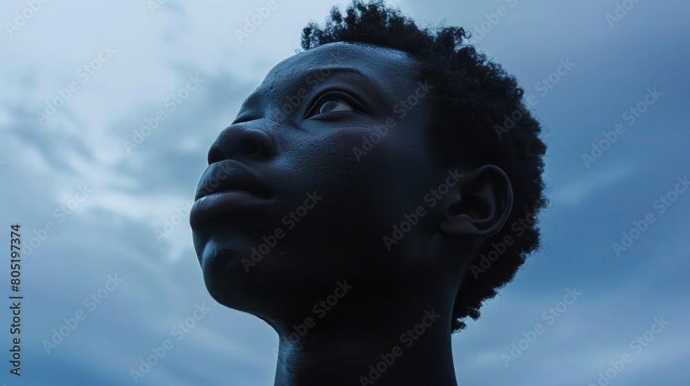 Poignant image of a black person looking contemplatively into the sky