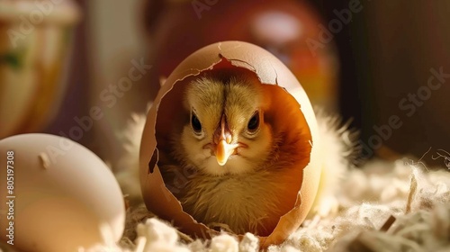 A baby chick hatching out of its egg. photo