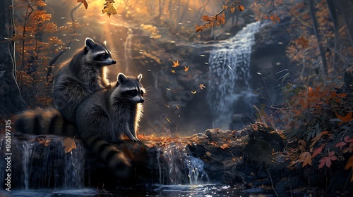 Embark on a journey through enchanted woodlands where raccoons sport tails resembling cascading waterfalls, their fur a tapestry of earthy hues beneath the moonlight. photo