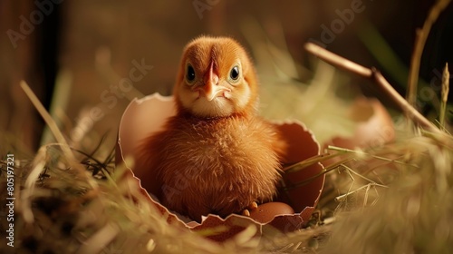 A baby chick hatching from its egg. photo