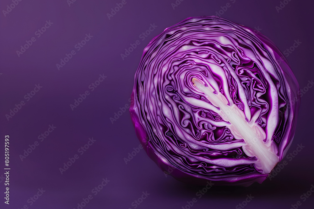 A vibrant purple cabbage, halved to display the layers within, against a deep purple background with copy space for facts about its antioxidant properties A vibrant purple cabbage, halved to display the layers within, against a deep purple background with copy space for facts about its antioxidant properties