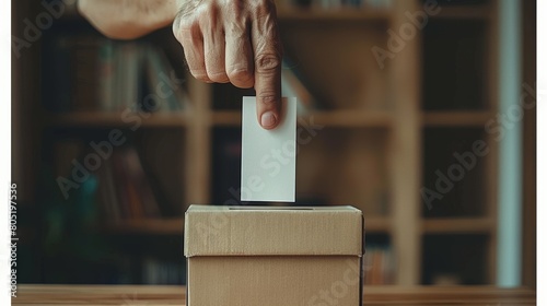 Eu democracy  voting card inserted in ballot, symbolizing citizen participation in elections photo