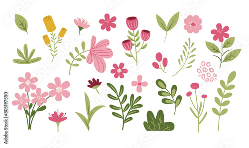 Flower collection with leaves, floral bouquets. Vector Simple Flowers. Spring art print with botanical elements. Happy Easter. Folk style. Posters for the spring holiday.