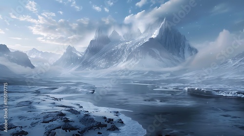 Enter a realm of frozen splendor, where mountains rise in majestic silence and rivers flow with quiet determination. Witness the beauty of this 8K landscape,