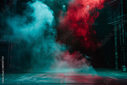 Deep crimson smoke wafting over a stage under a seafoam green spotlight, creating a dramatic, intense visual.