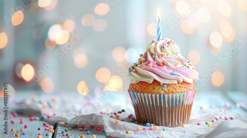 A cupcake with a lit candle on top is sitting on a table. There are colorful sprinkles on the cupcake and on the table. The background is blurred and there are small  white lights.