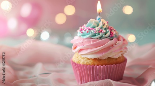A cupcake with blue and pink frosting and a lit candle on top.