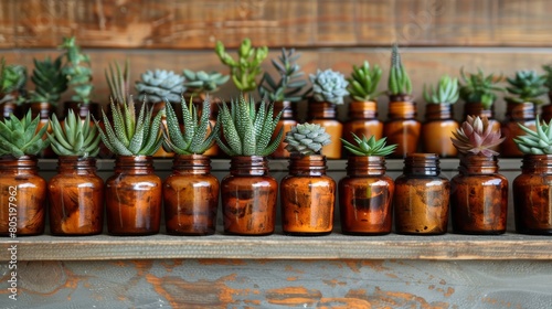 Assorted empty labeled cosmetic bottles with green plants arranged on a tabletop