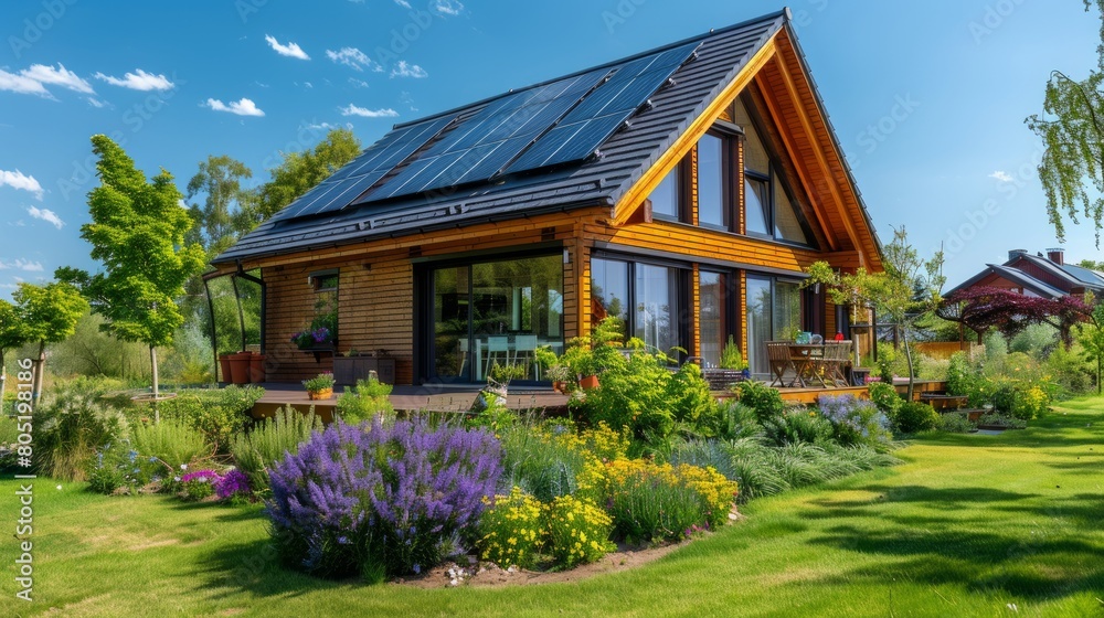A modern home features a solar panel roof, harnessing green energy, complemented by a lush garden
