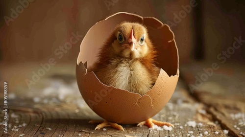 A cute baby chicken hatched from an egg. photo