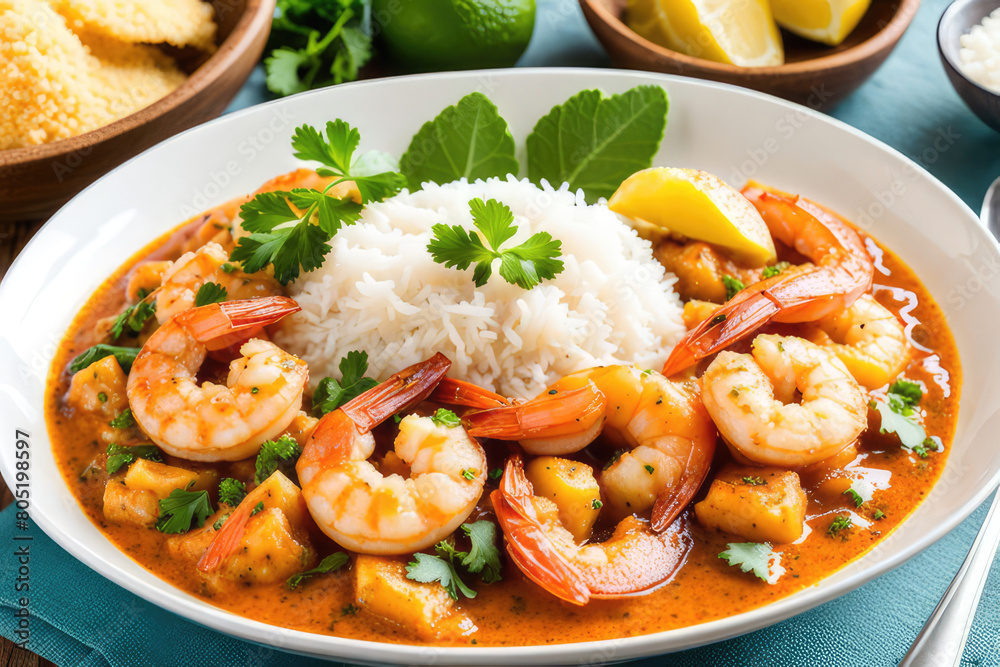 Shrimp stew, usually served with rice, mush and manioc flour. Traditional dish of Brazilian cuisine and consumed throughout the Brazilian coast.