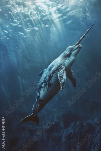 A majestic narwhal gracefully gliding through the ocean. Ideal for marine life concepts photo