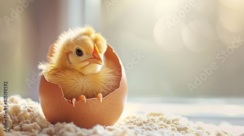 A cute baby chicken hatching from an egg. photo
