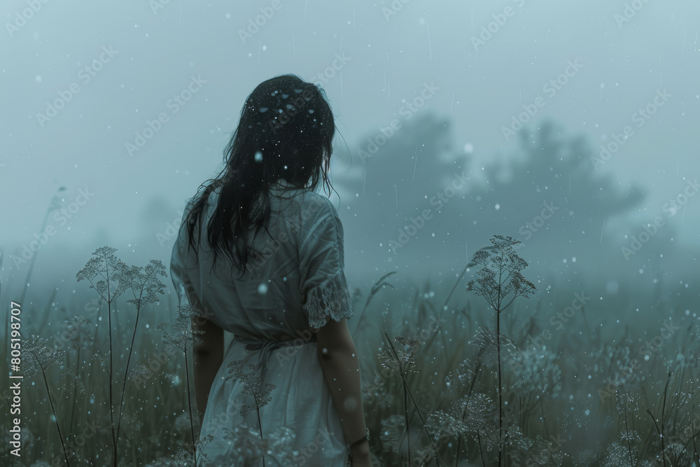 Naklejka premium Mystical Rainy Dusk: A Woman’s Silhouette Amidst Nature