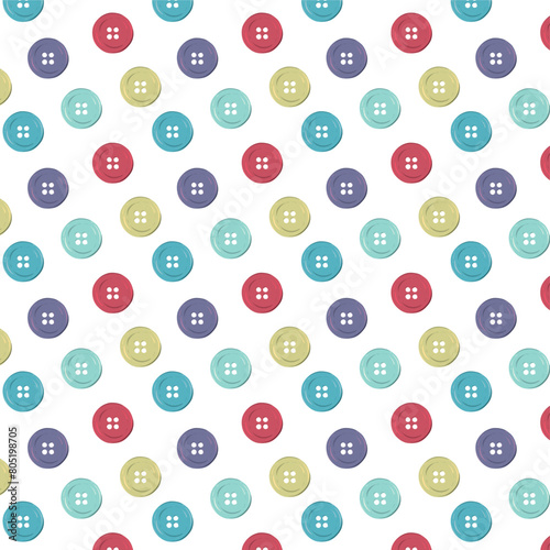 Seamless pattern with multi-colored buttons. Vector background with accessories for needlework and sewing.