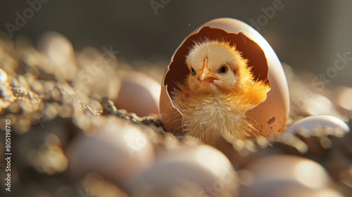 A cute baby chicken hatching from its egg. photo