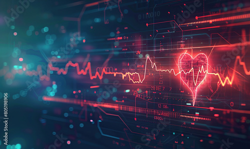 A glowing heart-shaped pulse line on a digital circuit board backdrop. Generate AI