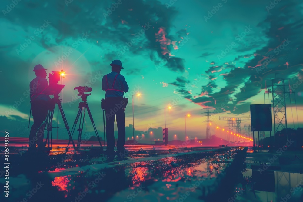 Couple of people standing on top of a street, suitable for urban concepts Couple of people standing on top of a street, suitable for urban concepts