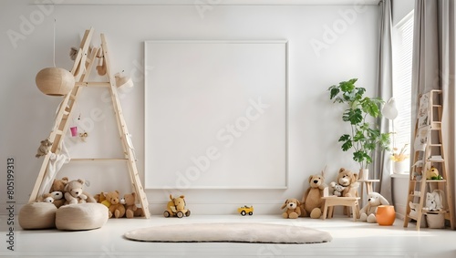 Kreative Kinderwelt: Stilvolles Kinderzimmer mit Leiterregal und kuscheligen Teddys photo