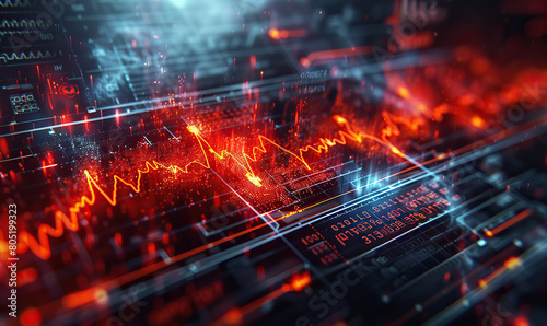 A glowing heart-shaped pulse line on a digital circuit board backdrop. Generate AI