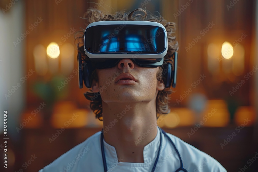 Warmly lit scene with an individual donning a VR headset, hinting at a home entertainment experience Warmly lit scene with an individual donning a VR headset, hinting at a home entertainment experience