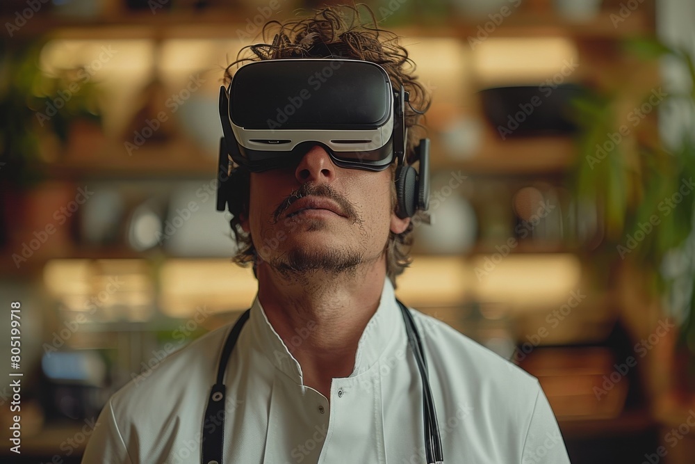 Casual and modern, an individual using a VR headset indoors, possibly exploring a digital landscape Casual and modern, an individual using a VR headset indoors, possibly exploring a digital landscape