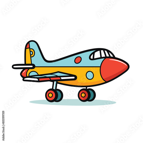 Colorful cartoon airplane illustration, bright colors, yellow fuselage, red nose, blue wings, side view, isolated white background. Toy plane graphic, simple lines, red accents, circular windows © Vectorvstocker