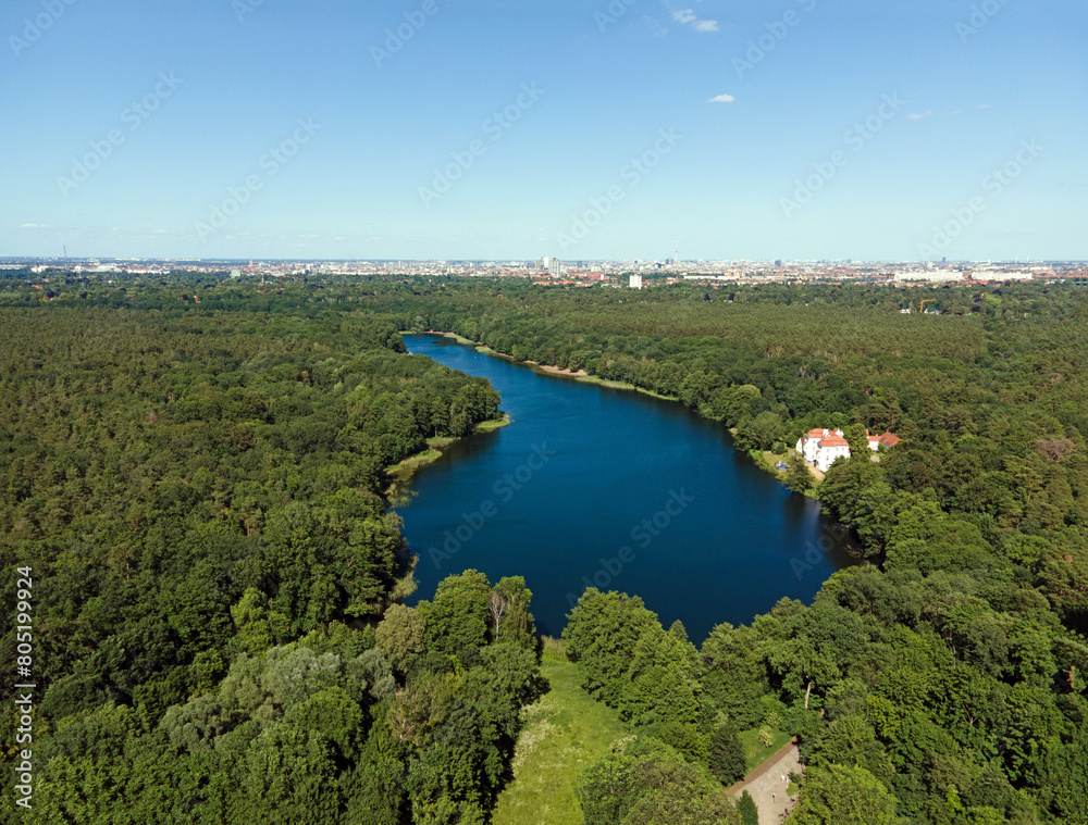 Aerial landscape of lake and Jagdschloss Grunewald in forest on a sunny summer day in Berlin Aerial landscape of lake and Jagdschloss Grunewald in forest on a sunny summer day in Berlin