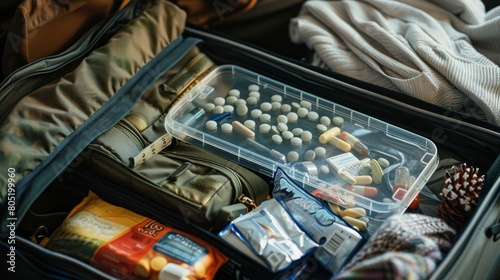 A clear plastic pill container in a travel setting, packed in a suitcase beside travel essentials, highlighting its portability and convenience