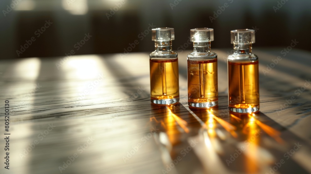 Muscle injection vitamin ampoules lined up on a dark wooden surface with natural light casting soft shadows, suggesting health and wellness Muscle injection vitamin ampoules lined up on a dark wooden surface with natural light casting soft shadows, suggesting health and wellness