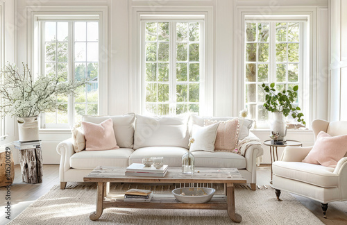 A bright and airy living room with white paneling, a light grey sofa, a cream armchair, a wooden coffee table, pastel pink pillows, plants on shelves, large windows with natural lighting