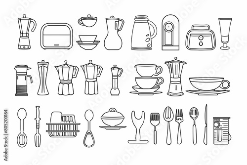 Set of kitchen accessory icons in a single line style vector illustration on a white background. Ai generated
