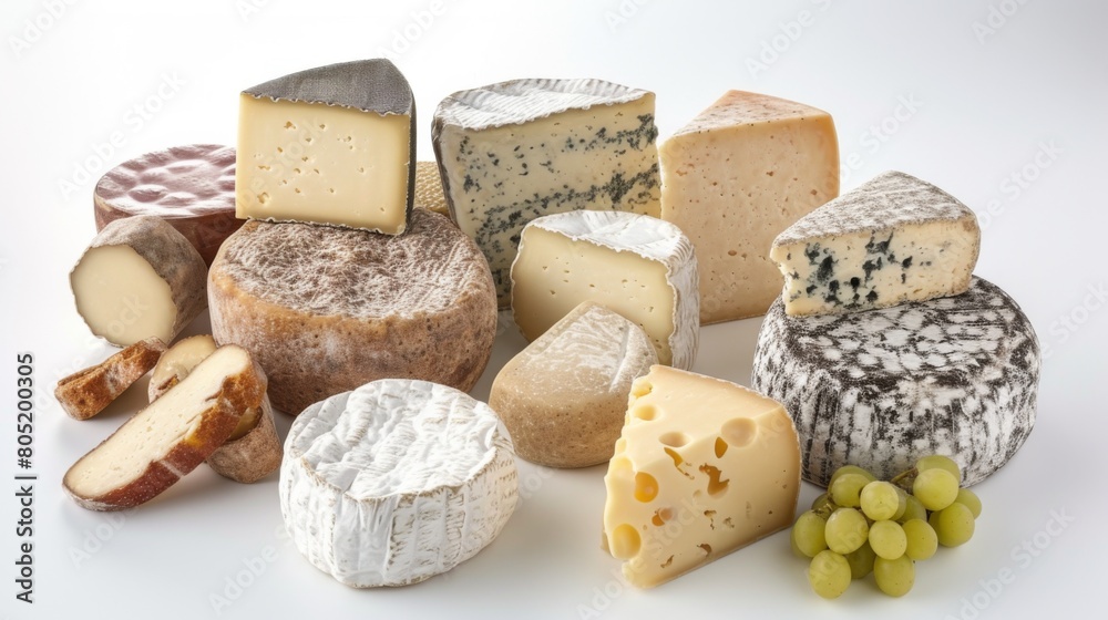 Assortment of traditional French cheeses arranged on a white background Assortment of traditional French cheeses arranged on a white background