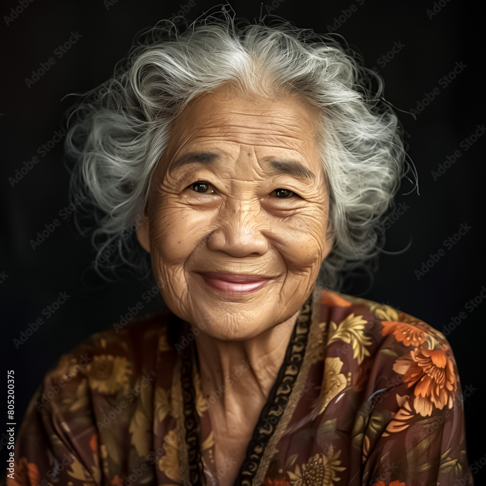 A woman with gray hair and a floral print dress is smiling