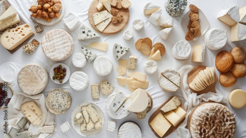 Assortment of traditional French cheeses arranged on a white background