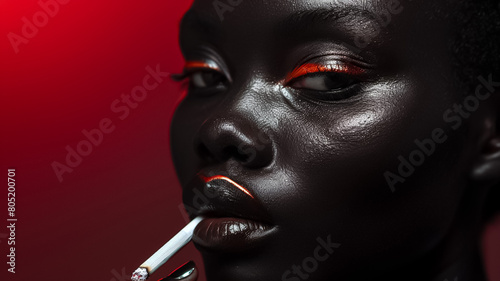 A woman with red lips and black hair is smoking a cigarette