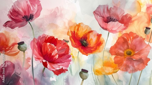 Boho style poppies painted in watercolor