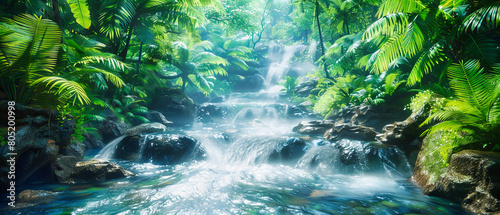 Forest Stream Cascading Over Rocky Terrain  Lush Greenery Surrounding Flowing Water