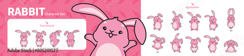 Set of cute rabbit character illustrations. Character turnaround and 10 moves.