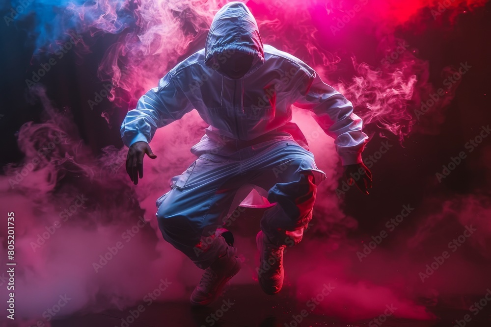 Fototapeta premium A street dancer mid-air surrounded by a dramatic burst of red and purple smoke, highlighting movement and art