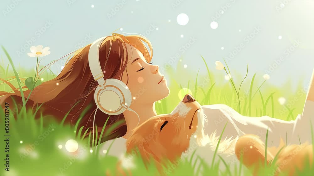 A handdrawn animated scene of a girl wearing white headphones, lying in the grass with her puppy dog beside her listening to music for positive energy 