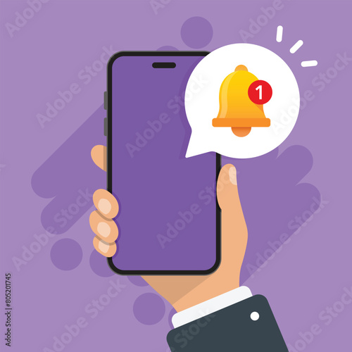 Hand holds phone with notifications icon in flat style. Smartphone with new notice vector illustration on isolated background. Reminder message sign business concept.