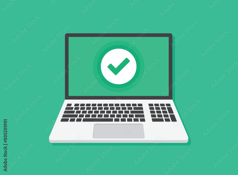 Laptop icon in flat style. Computer vector illustration on isolated background. Approved check mark sign business concept. Laptop icon in flat style. Computer vector illustration on isolated background. Approved check mark sign business concept.