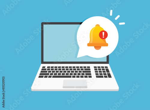 Laptop notification icon in flat style. Computer vector illustration on isolated background. Reminder message sign business concept.