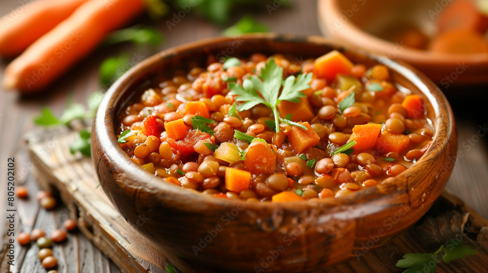 Lentil Stew with Vegetables, in ceramic pot Cooked lentils, Carrots. Celery, Crushed tomato Lentil Stew with Vegetables, in ceramic pot Cooked lentils, Carrots. Celery, Crushed tomato
