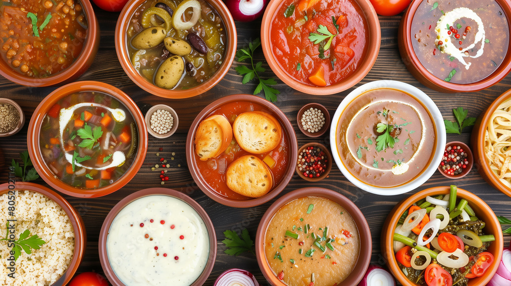 table filled with bowls of different soups and sauses from different countries cousine with vegetables or meat table filled with bowls of different soups and sauses from different countries cousine with vegetables or meat