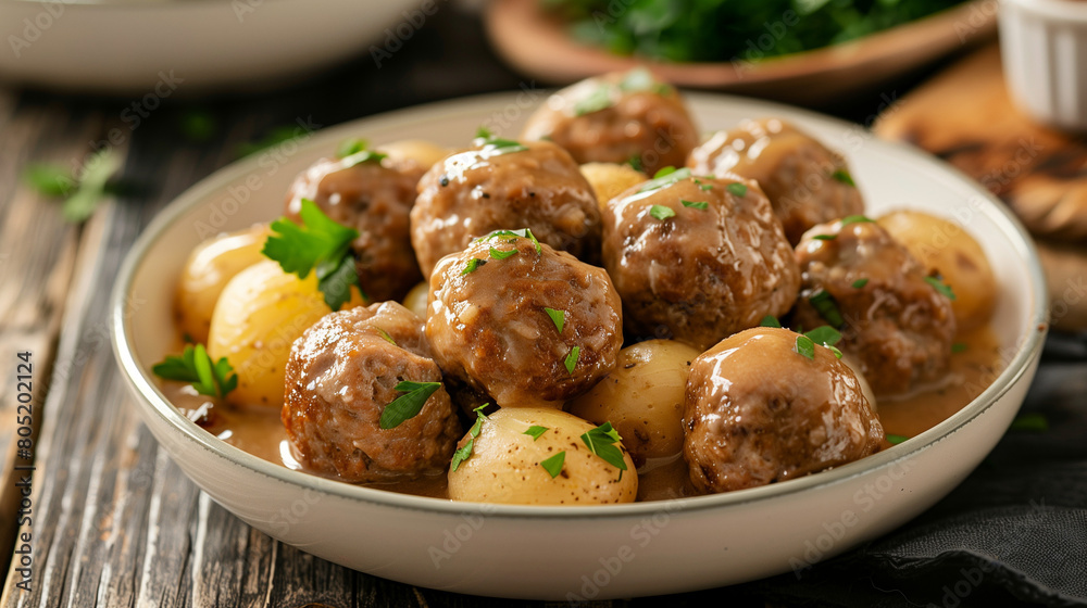typical swedish meatball meal with potato and brown sauce typical swedish meatball meal with potato and brown sauce